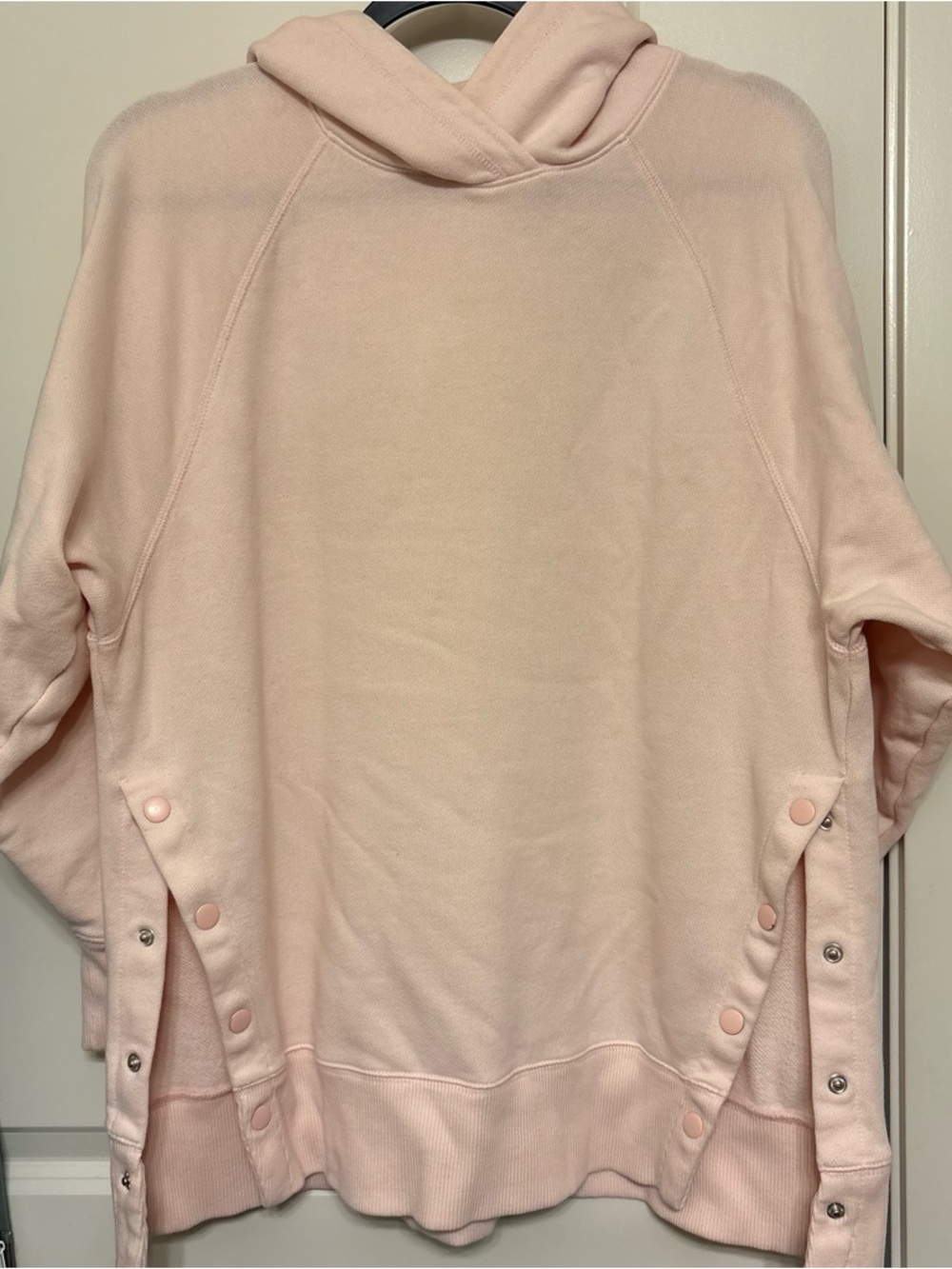 aerie Pale Blush Hooded Sweatshirt with Textured Knit. Oversize fit. Side xs